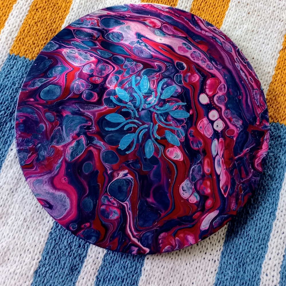 COPY - Red and blue unique circular paint pour artwork